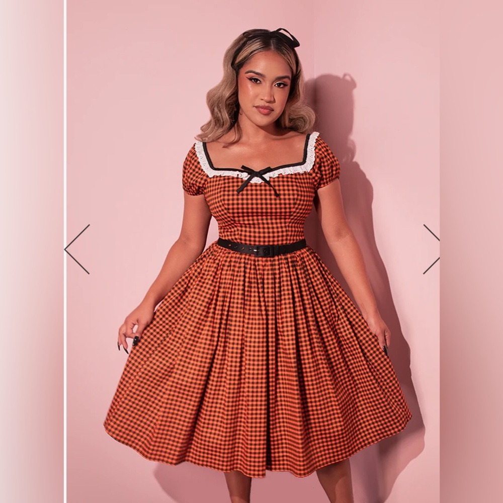 Vixen by Micheline Pitt Bardot Beauty Swing Dress in Orange Pumpkin Gingham